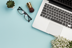 A stylish blend of makeup, fashion, and work aesthetics.