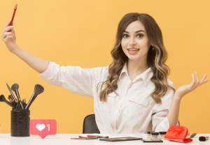 Cheerful Woman Recording with Camera